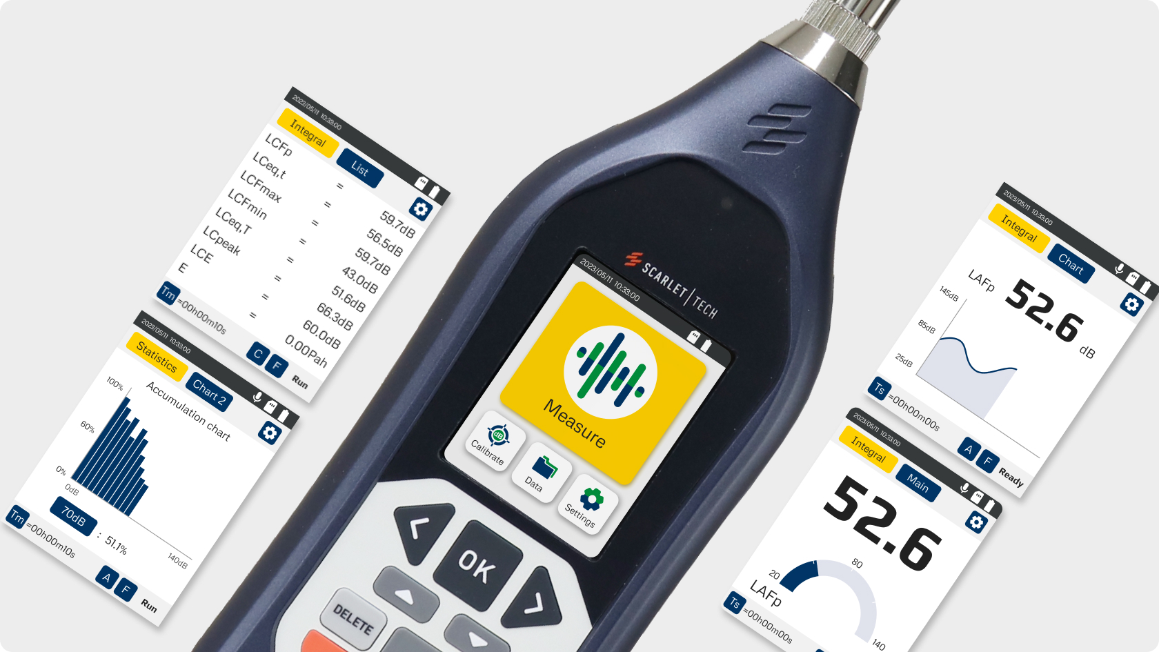 ST-12D sound level meter displaying noise data on full-color screen with intuitive charts and graphs for easy analysis.