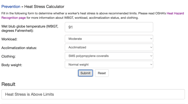 Heat stress calculator