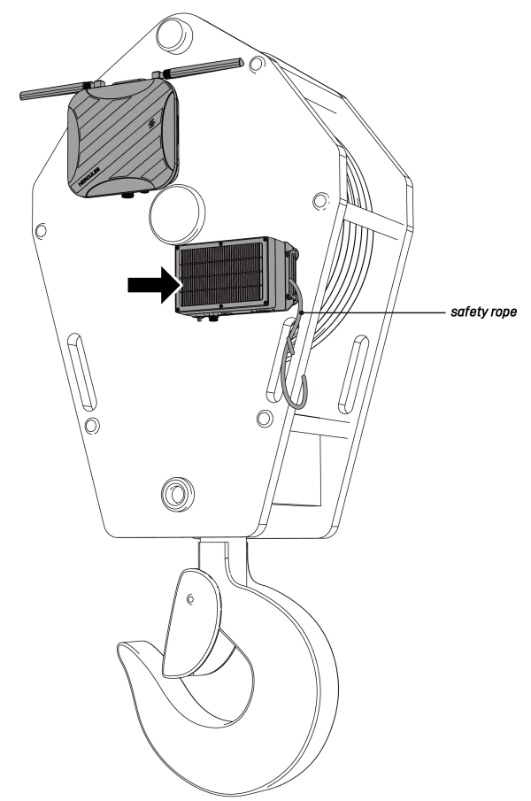Mount the battery pack on the crane’s hoist surface. For added safety, secure battery pack with a safety rope to the crane hoist.