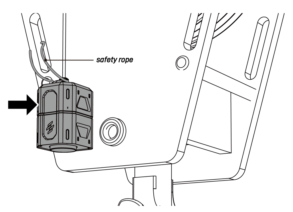 Mount the camera on the crane’s hoist surface. For added safety, secure battery pack with a safety rope to the crane hoist.